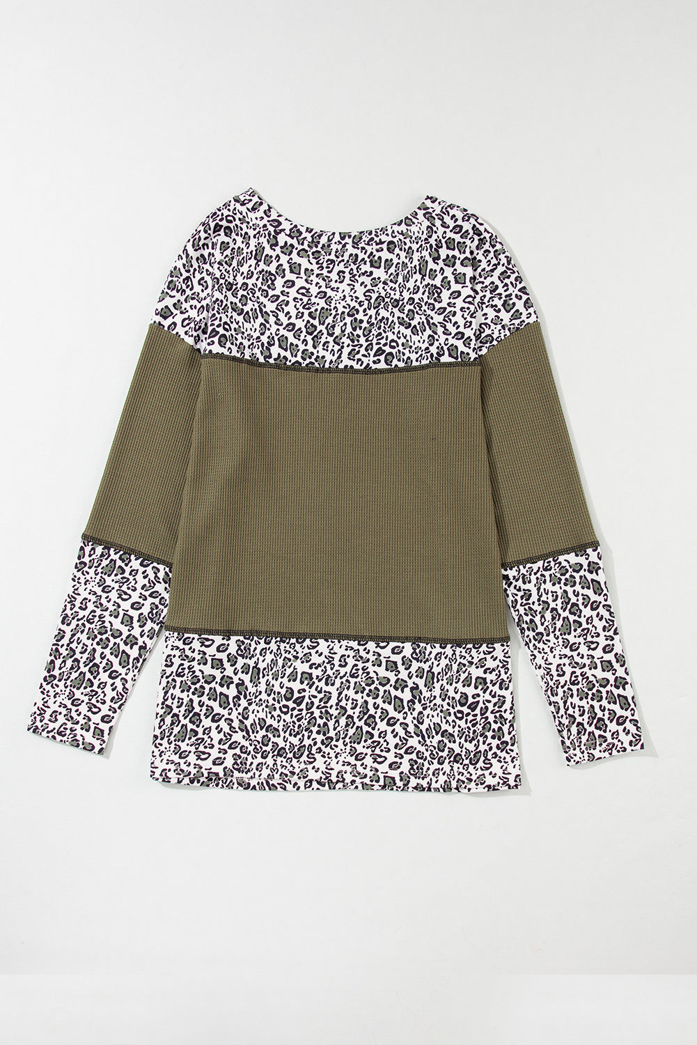 Jungle Green Leopard Print Waffle Knit Patchwork Top