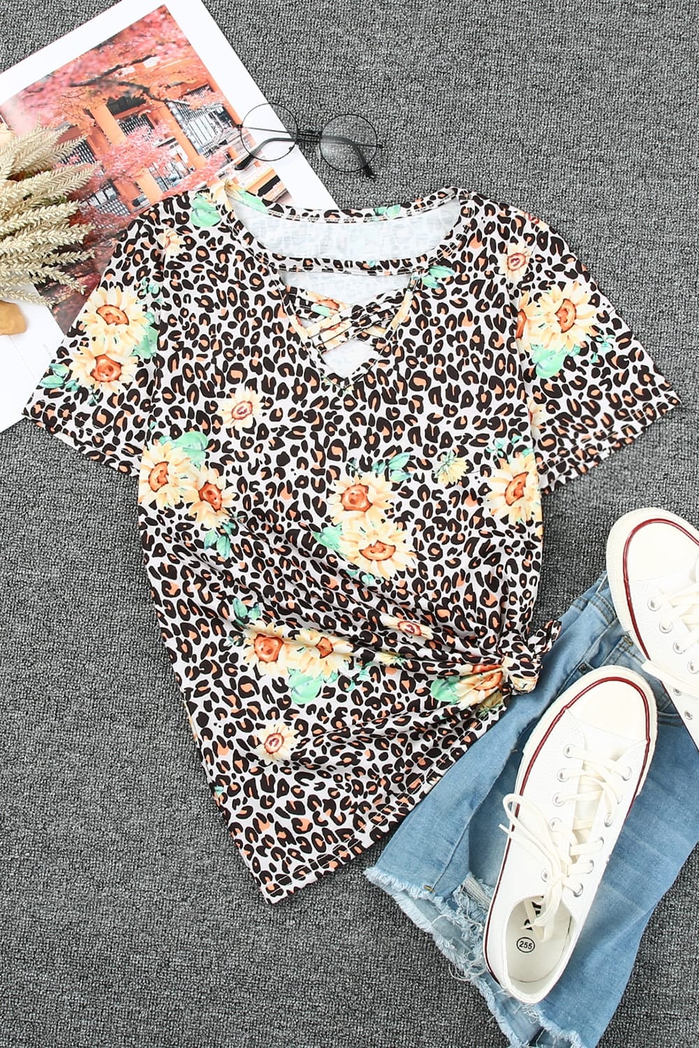 Leopard Sunflower Hollow Out Criss-cross Tee