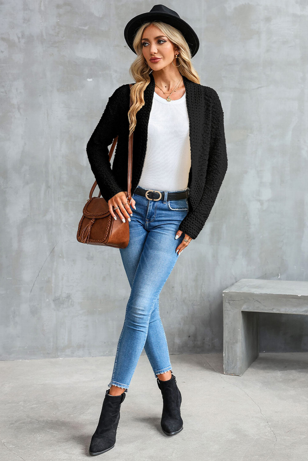 Black Popcorn Knit Open Front Cardigan