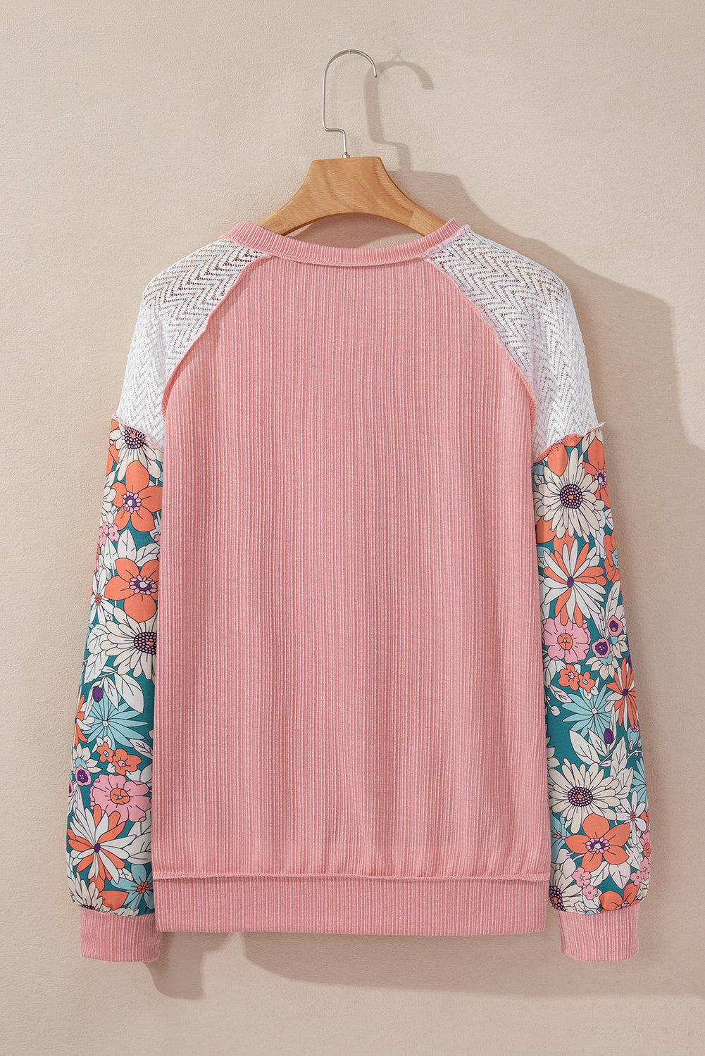 Rose Pink Floral Patchwork Puff Sleeve Textured Blouse