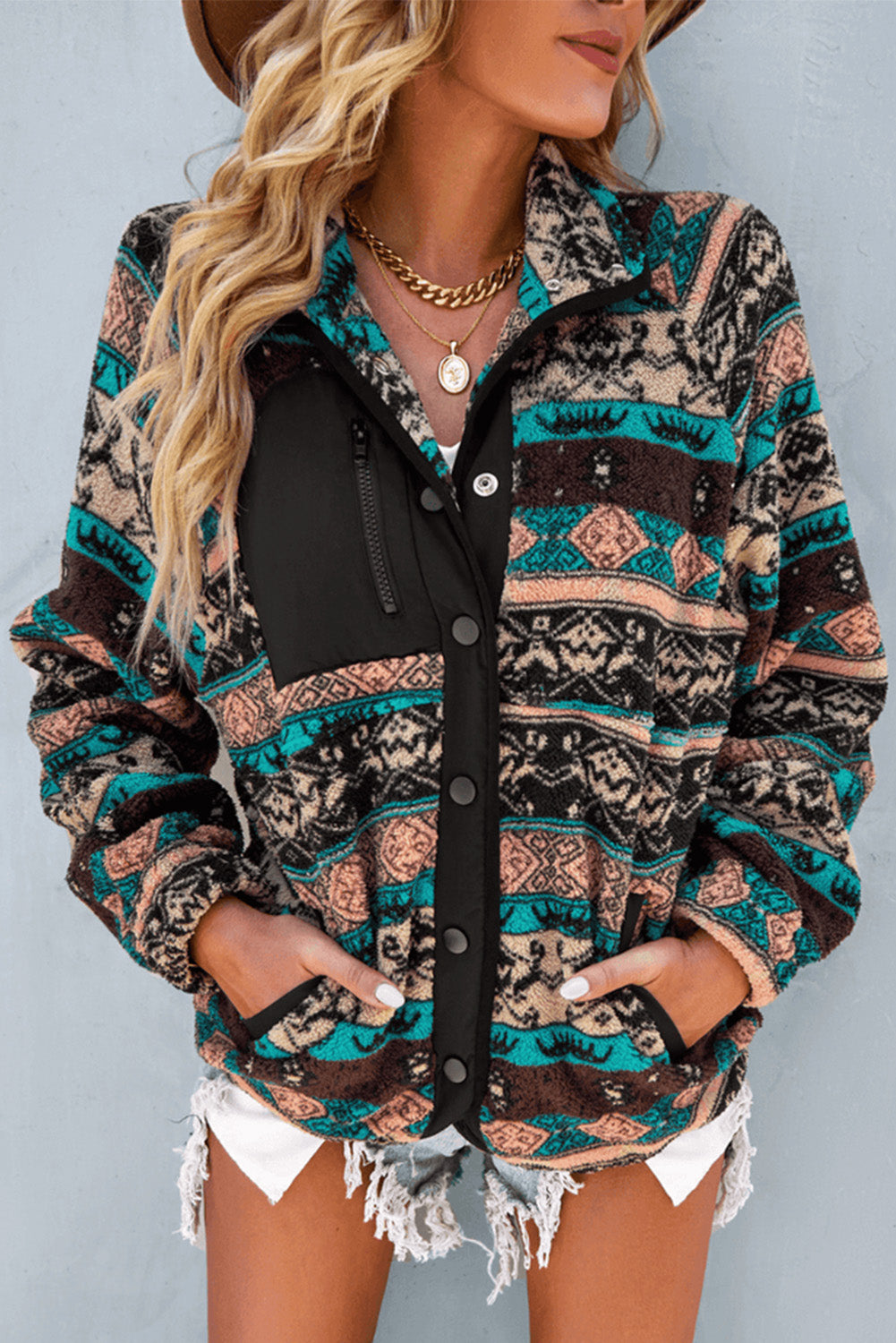 Black Western Colorblock Snap Buttoned Sherpa Jacket