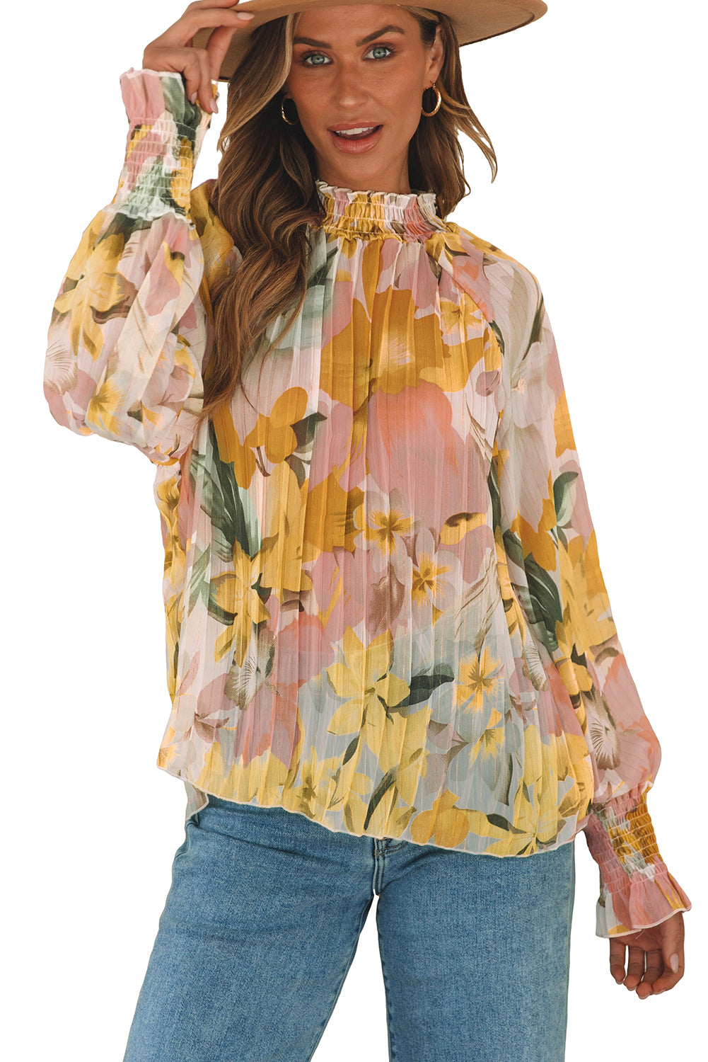 Yellow Floral Print Flounce Sleeve Mock Neck Blouse