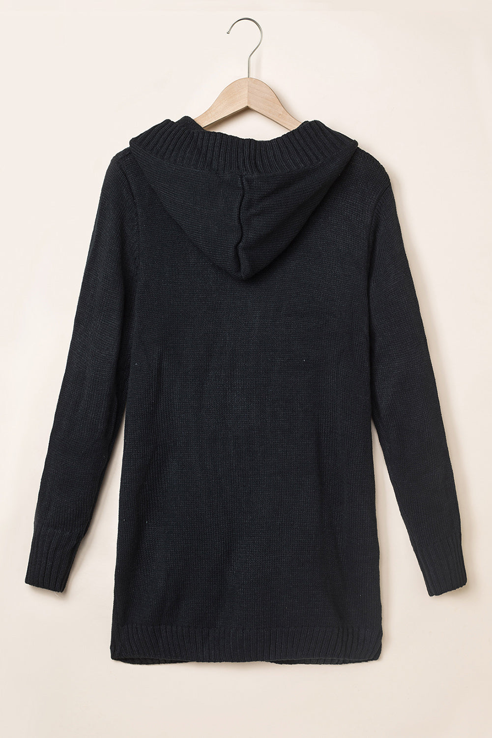 Black Twist Pattern Knit Button Front Hooded Cardigan