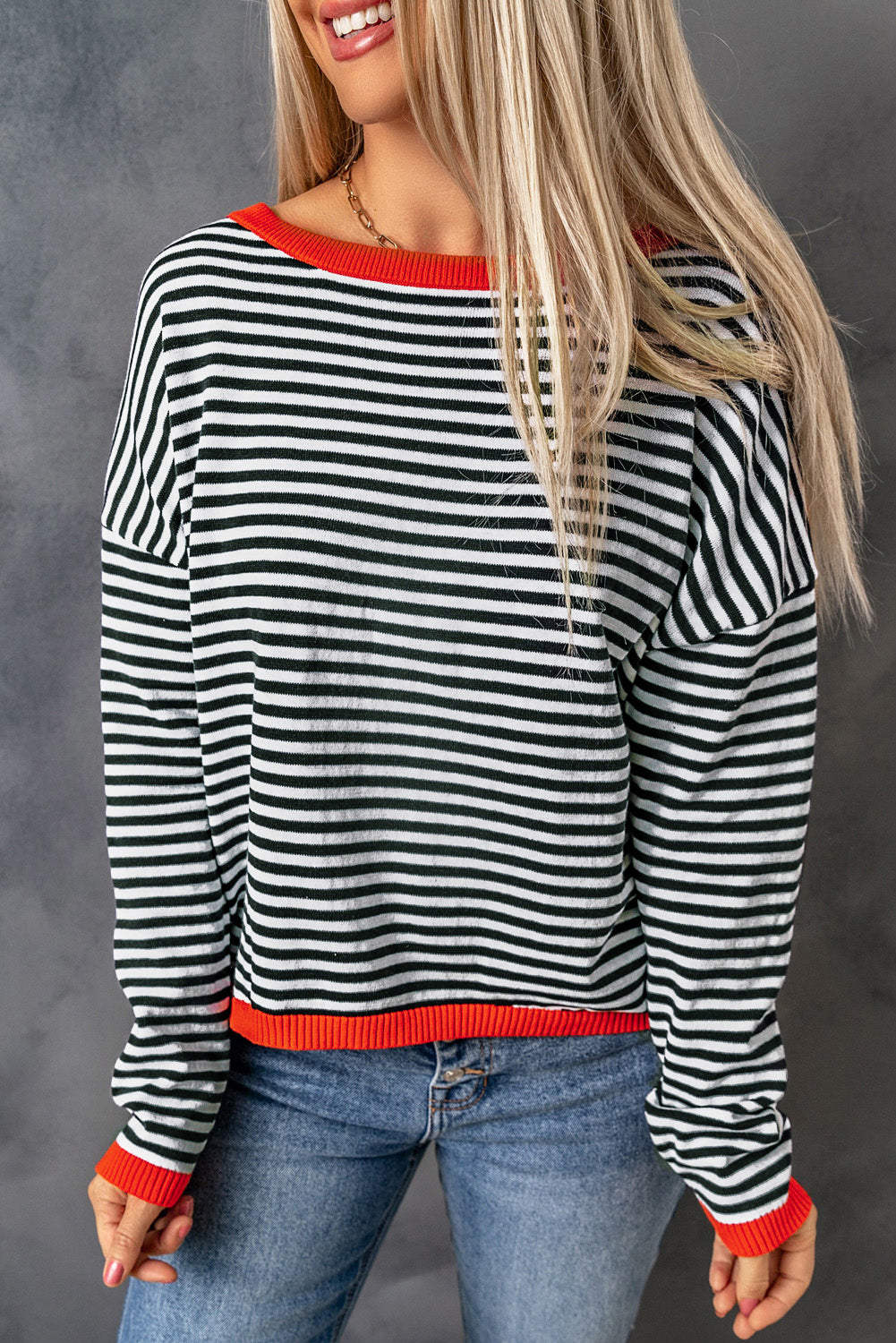 Black Contrast Trimmed Striped Drop Shoulder Sweater