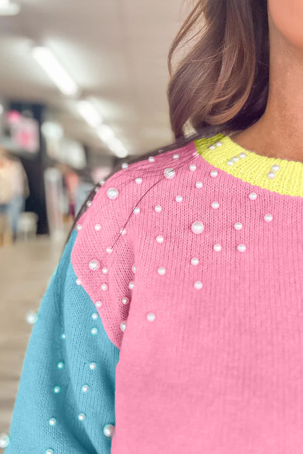 Rose Red Pearled Colorblock Crew Neck Half Sleeve Sweater