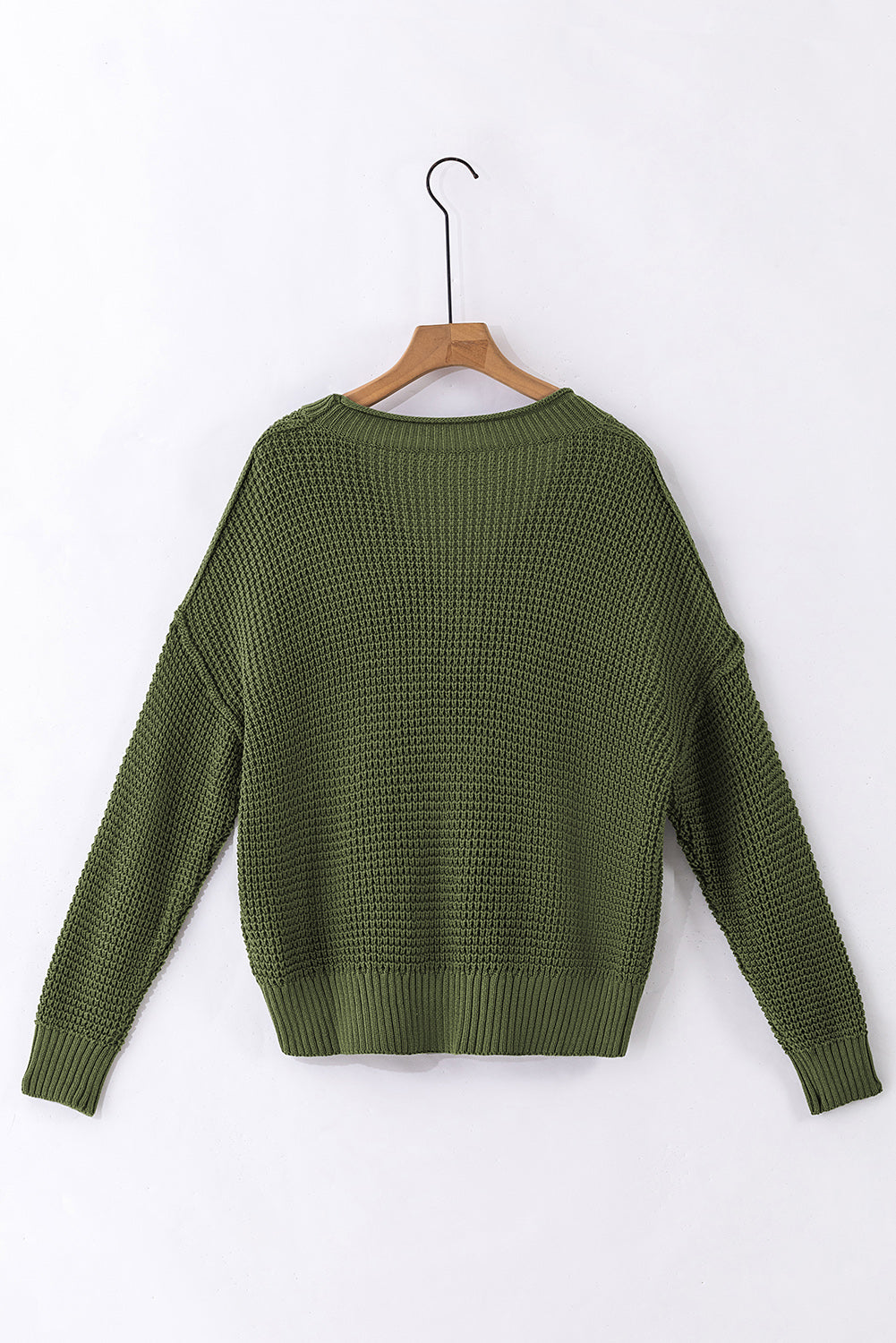 Pickle Green Pointelle Knit Button V Neck Drop Shoulder Sweater