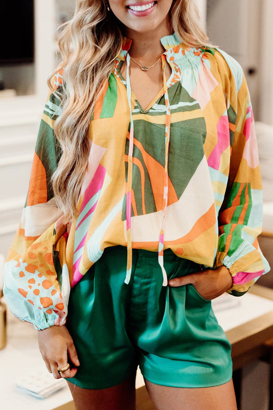 Yellow Printed Abstract Print Balloon Sleeve Notched Neck Blouse