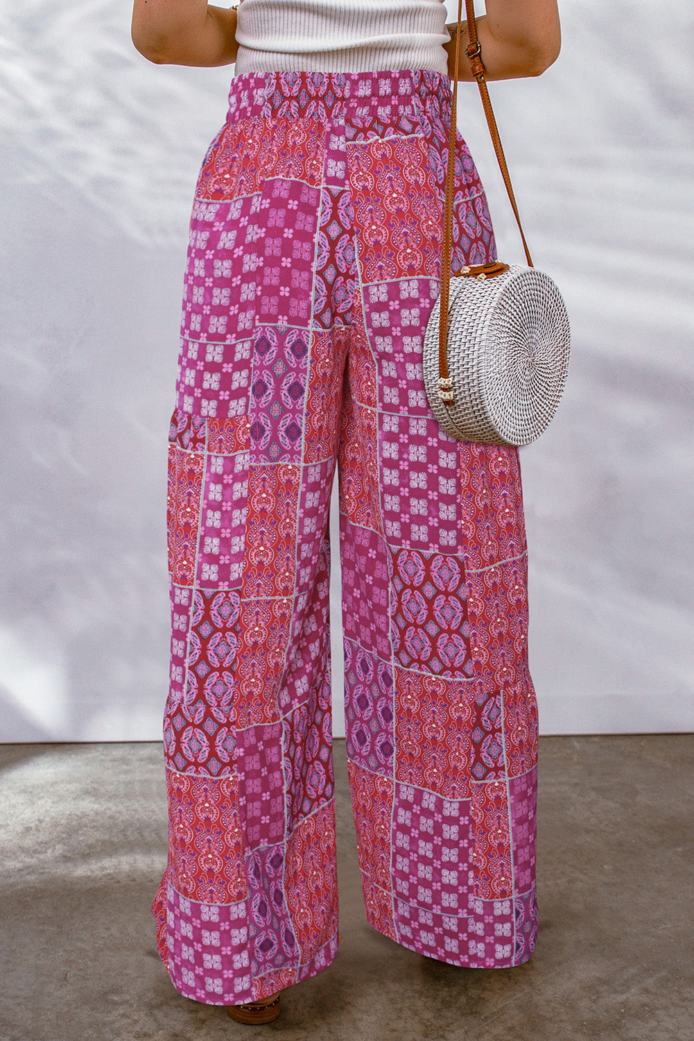 Purple Boho Patchwork Print Drawstring Wide Leg Pants