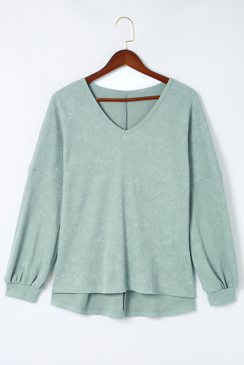 Green Waffle Knit V Neck Long Sleeve Loose Tunic Top