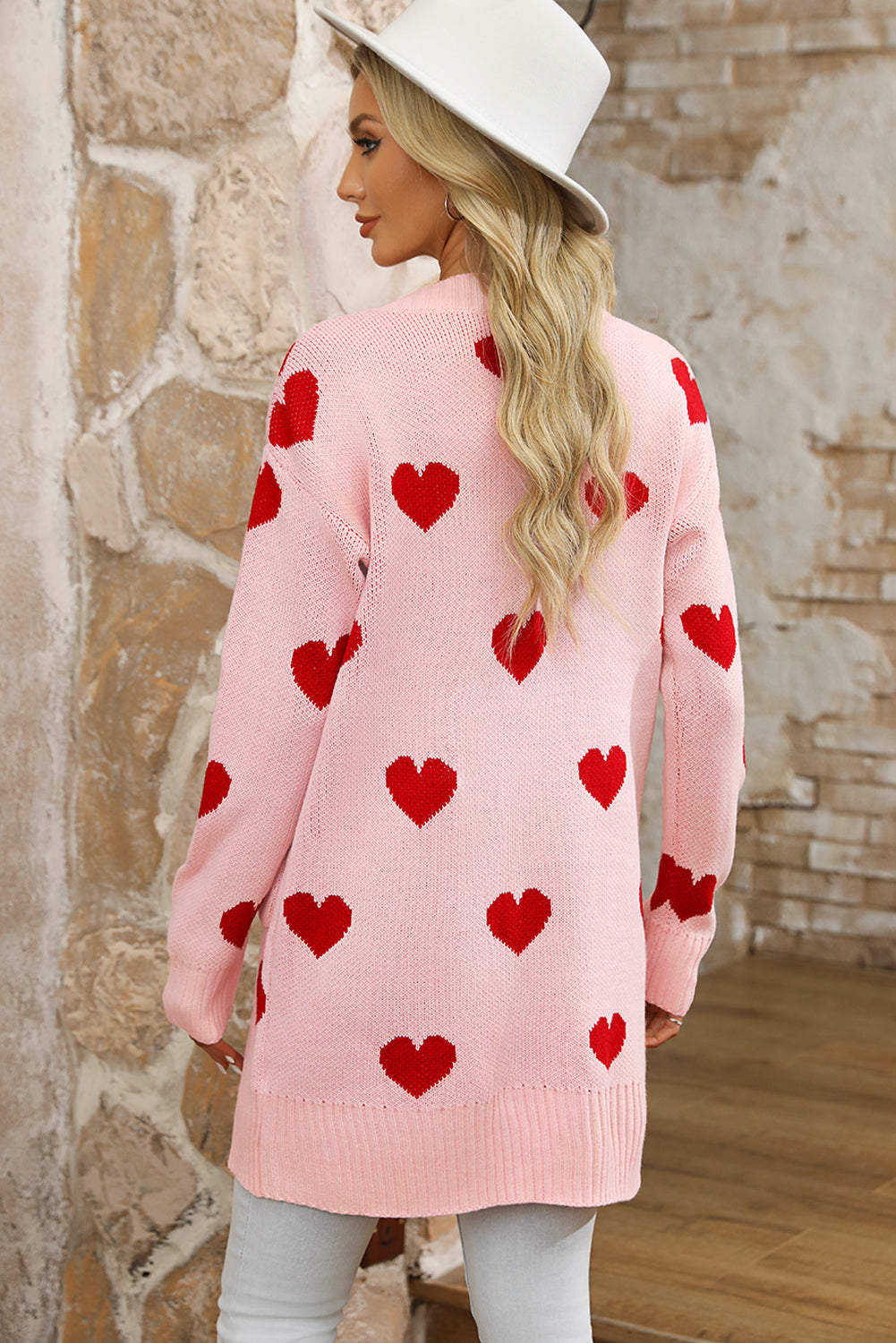 Light Pink Valentine's Day Heart Pattern Ribbed Trim Open Front Cardigan