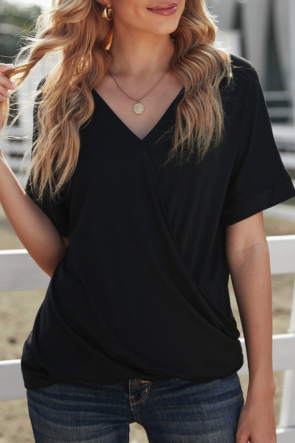 Black Short Sleeves Drape Knit Top