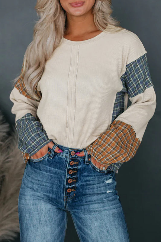 Smoke Gray Plaid Patchwork Raw Seam Long Sleeve Top