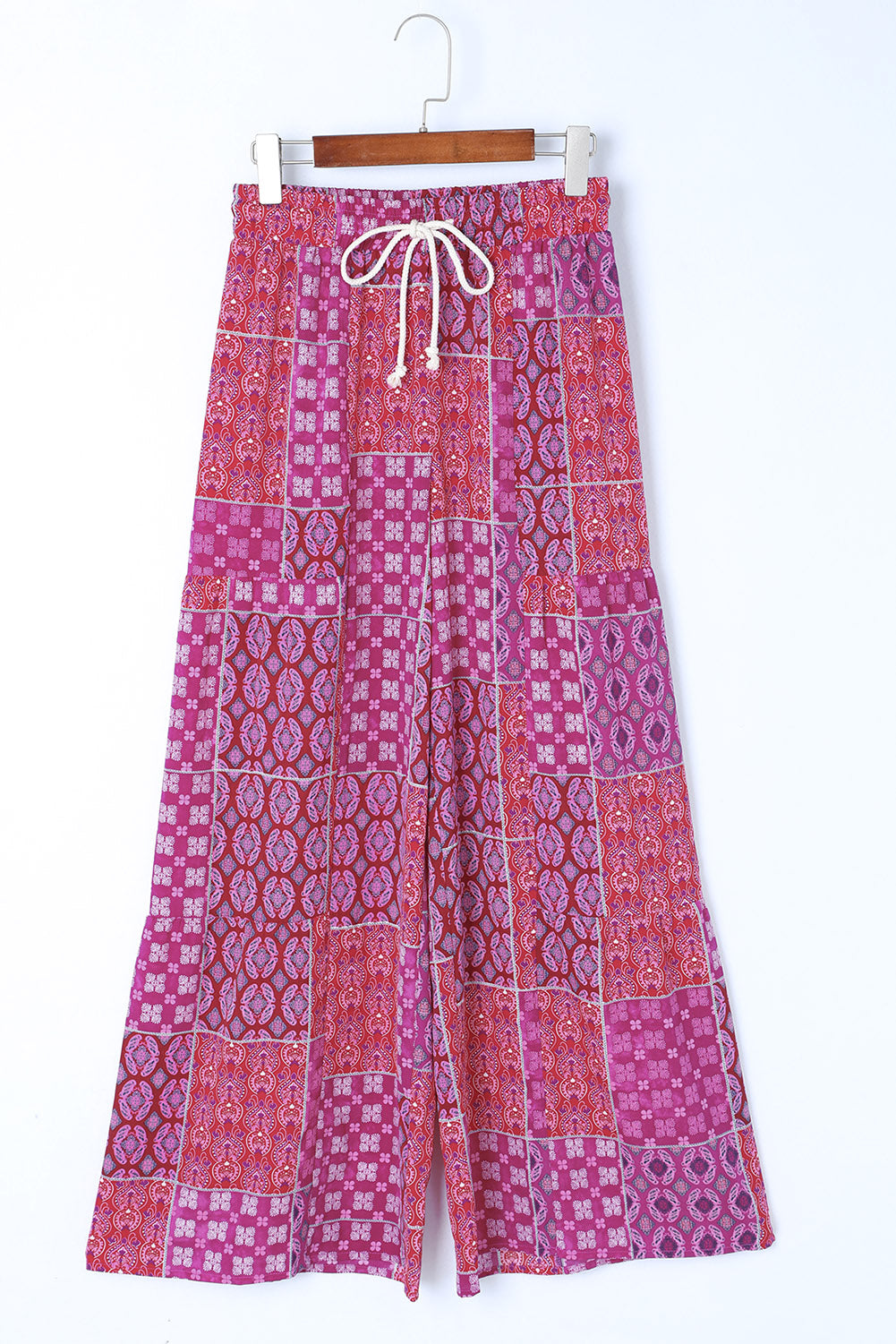 Purple Boho Patchwork Print Drawstring Wide Leg Pants