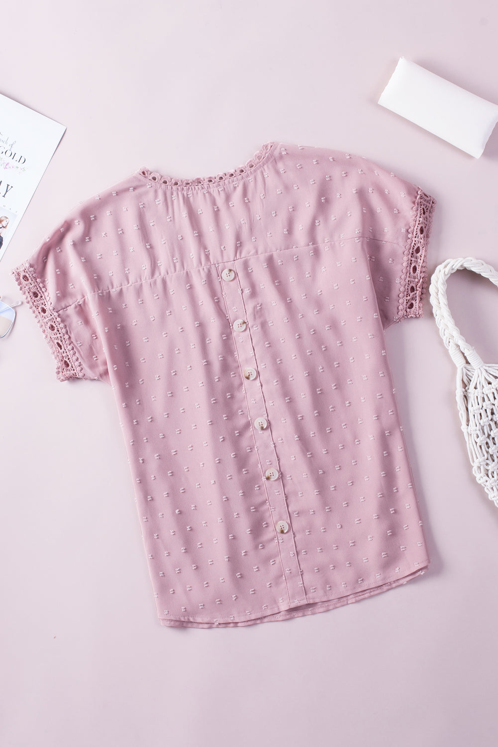 Pink Swiss Dot Lace Splicing Short Sleeve Top