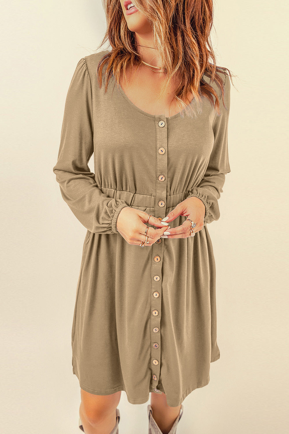 Khaki Button Up High Waist Long Sleeve Dress