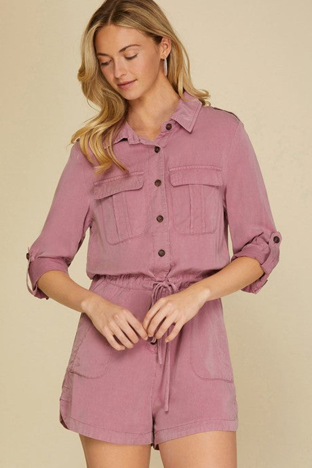 Peach Blossom Roll up Sleeve Flap Pockets Drawstring Playsuit