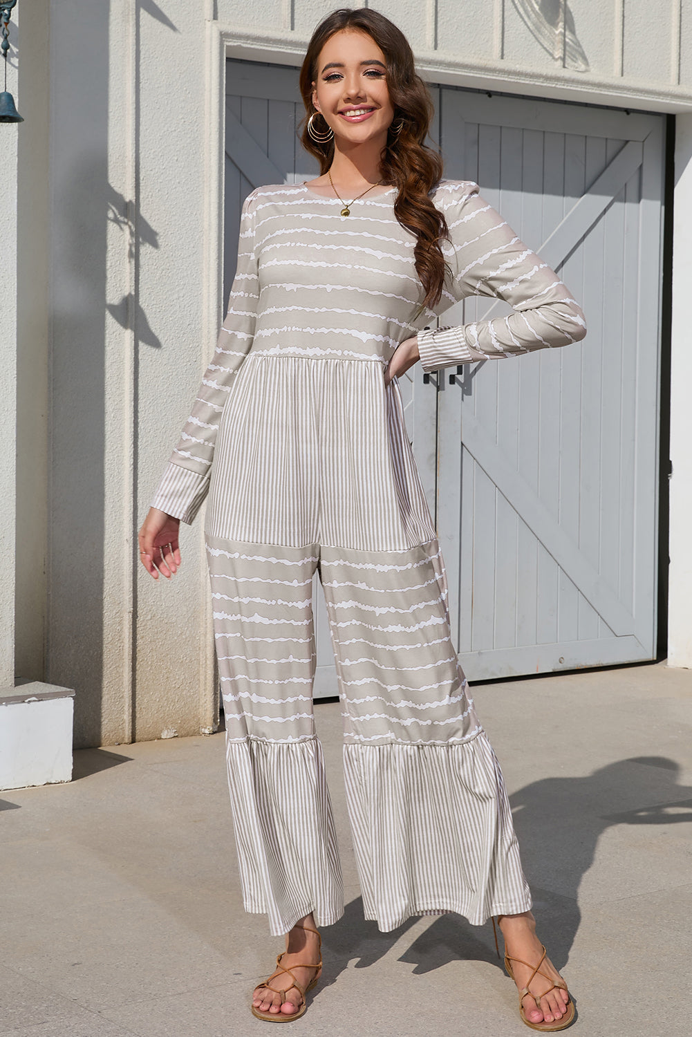 Light Grey Mix Striped Long Sleeve Wide Leg Jumpsuit