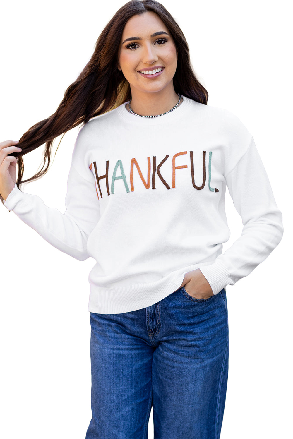 White Thankful Ivory Embroidered Sweater