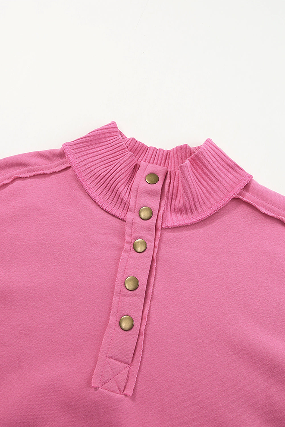 Bright Pink Ribbed Hem Snap Button Neckline Sweatshirt with Pocket