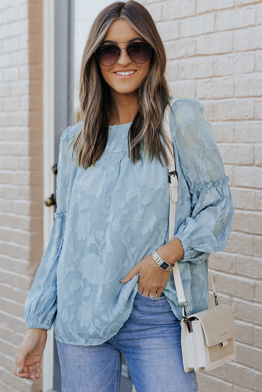 Blue Textured Ruffle Lantern Sleeve Babydoll Blouse