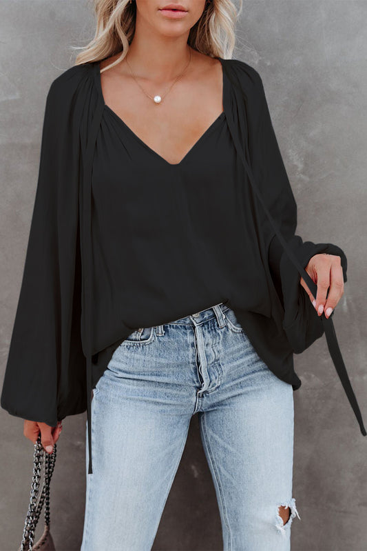 Black Tie V Neck Pleated Puff Sleeve Satin Blouse