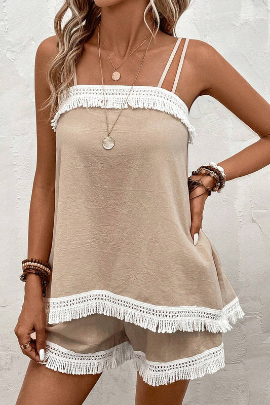 Pale Khaki Fringe Crochet Double Strap Tank Top and Shorts Set