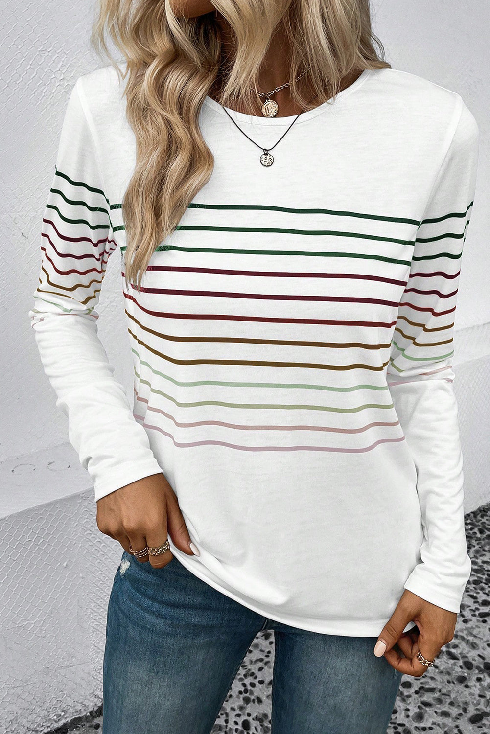 Multicolor Striped Crew Neck Long Sleeve Top