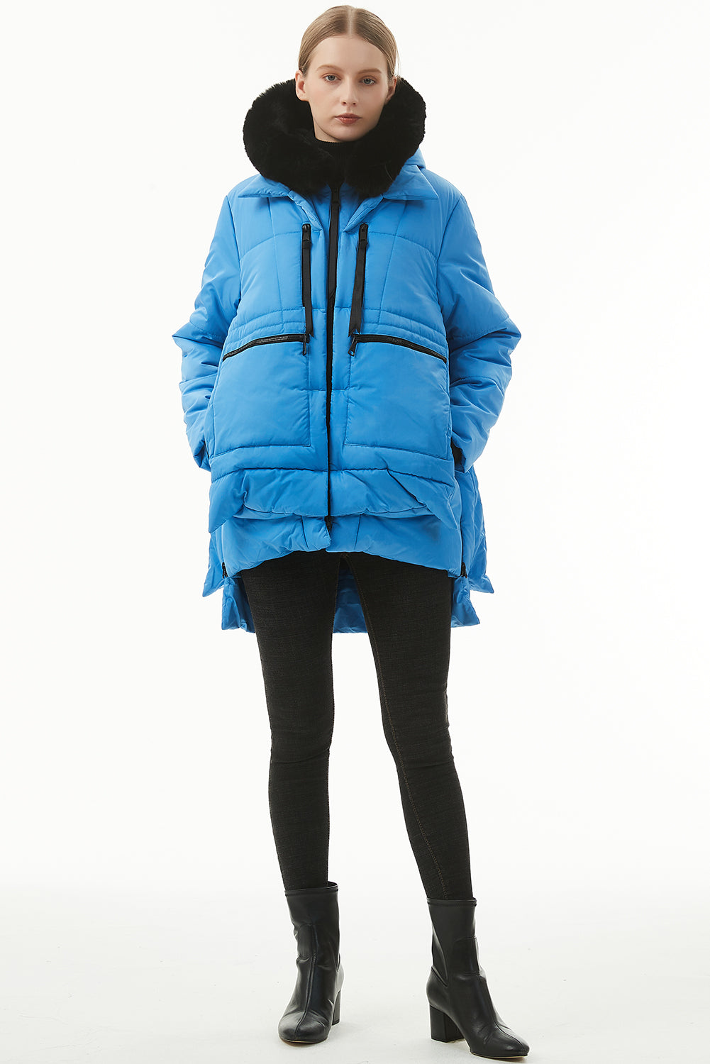 Blue Plush Linen Zip Up Hooded Puffer Coat