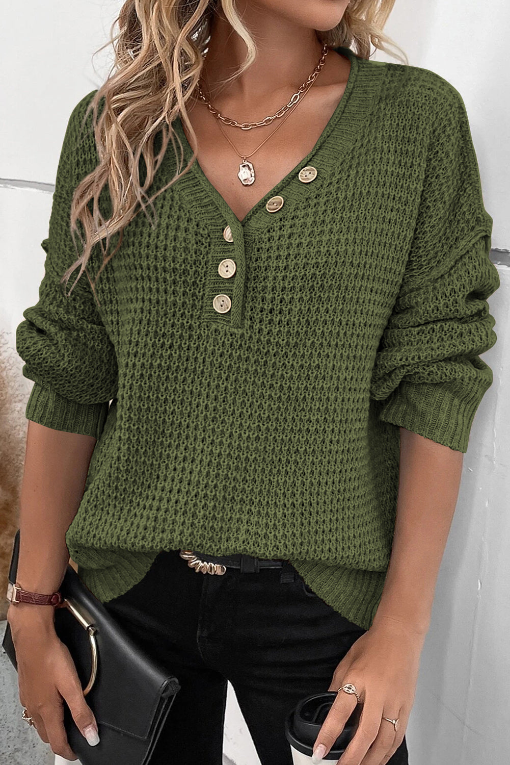 Pickle Green Pointelle Knit Button V Neck Drop Shoulder Sweater