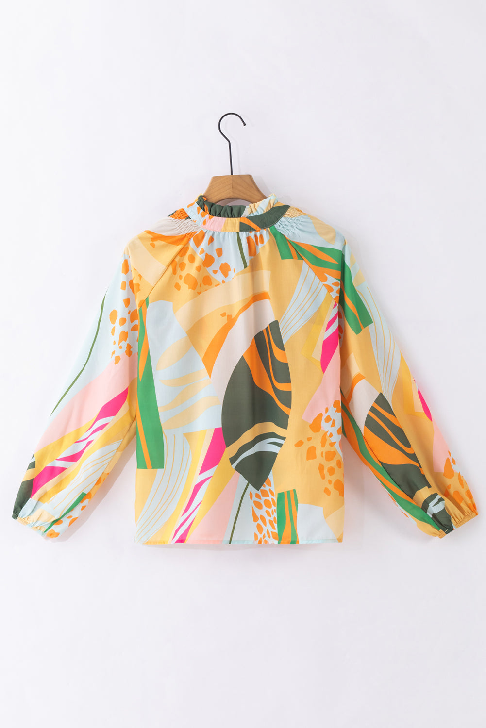 Yellow Printed Abstract Print Balloon Sleeve Notched Neck Blouse