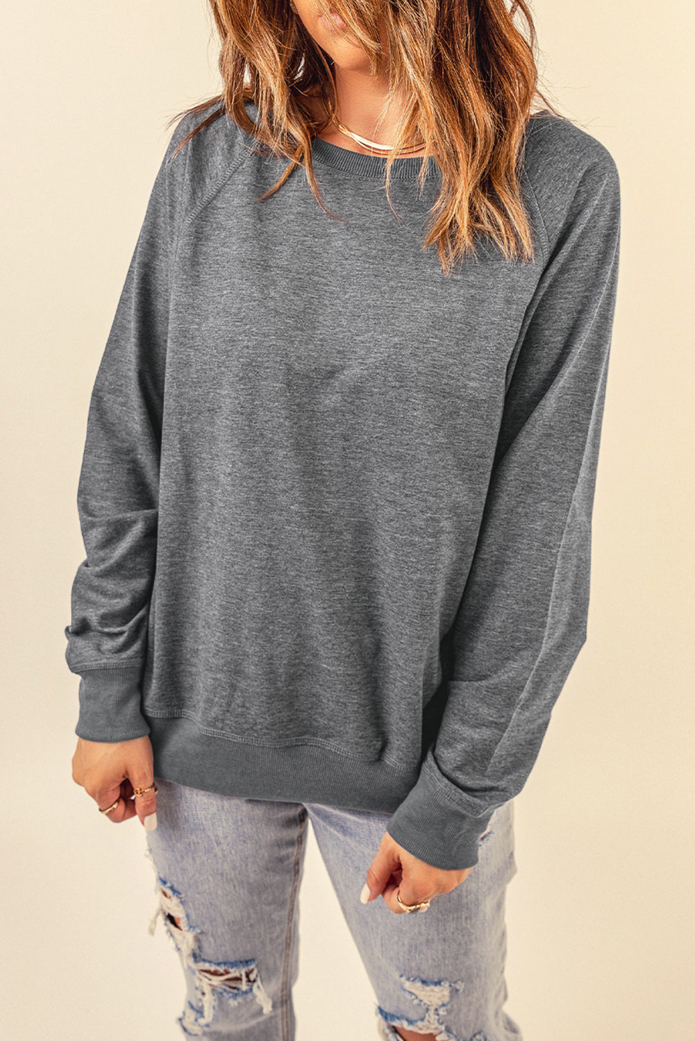 Gray French Terry Cotton Blend Pullover Sweatshirt