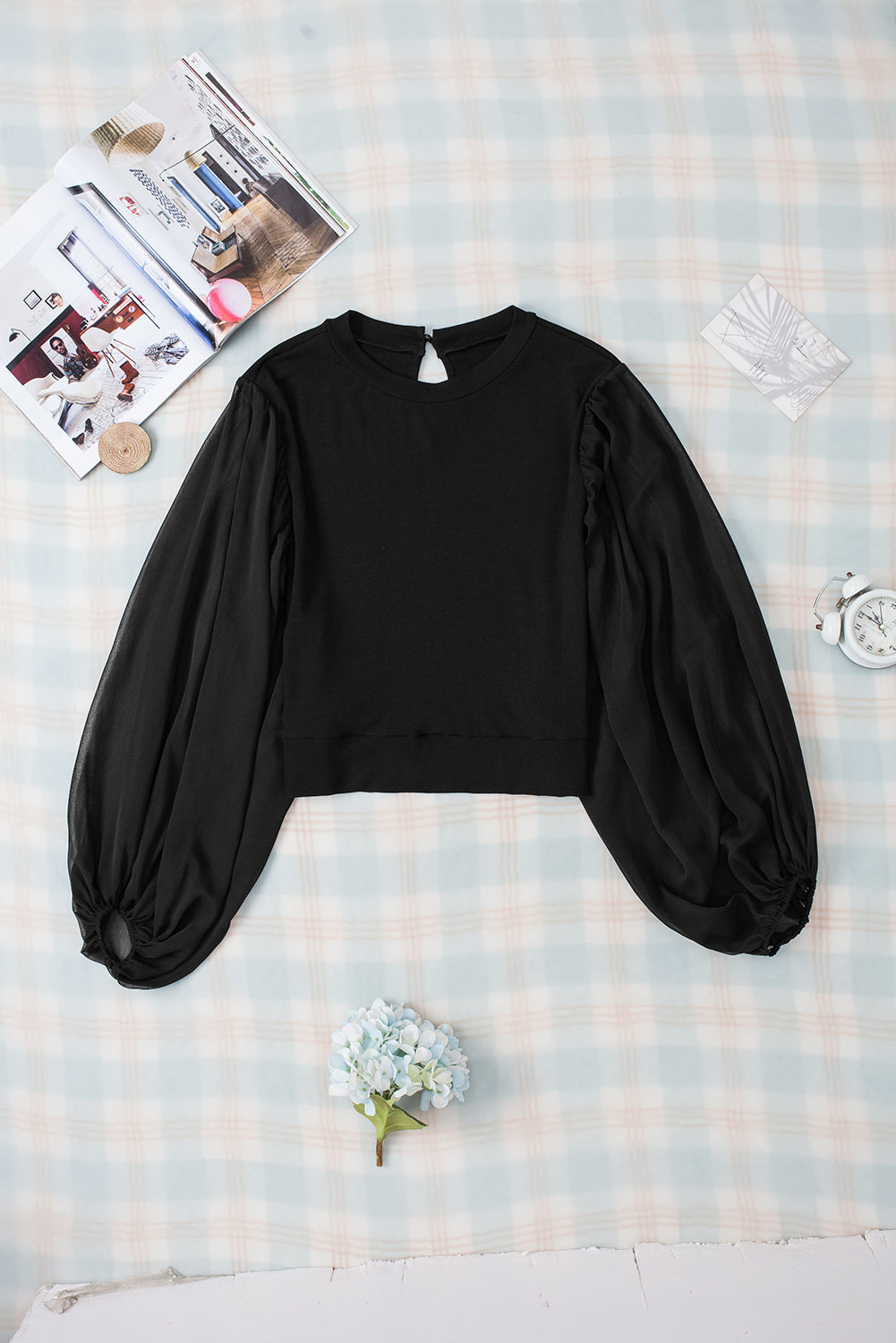 Black Billowy Mesh Puff Sleeve Ribbed Top