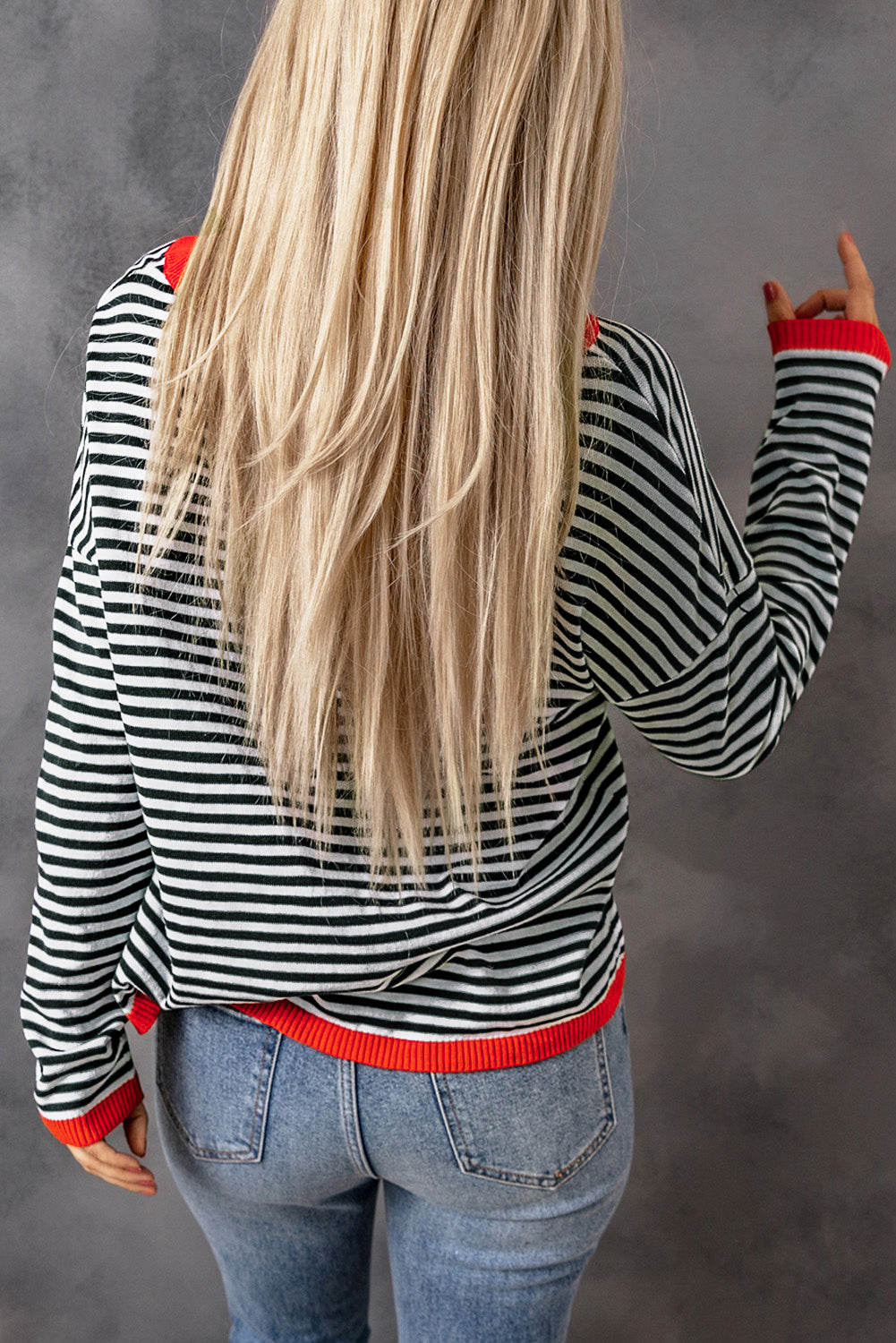 Black Contrast Trimmed Striped Drop Shoulder Sweater