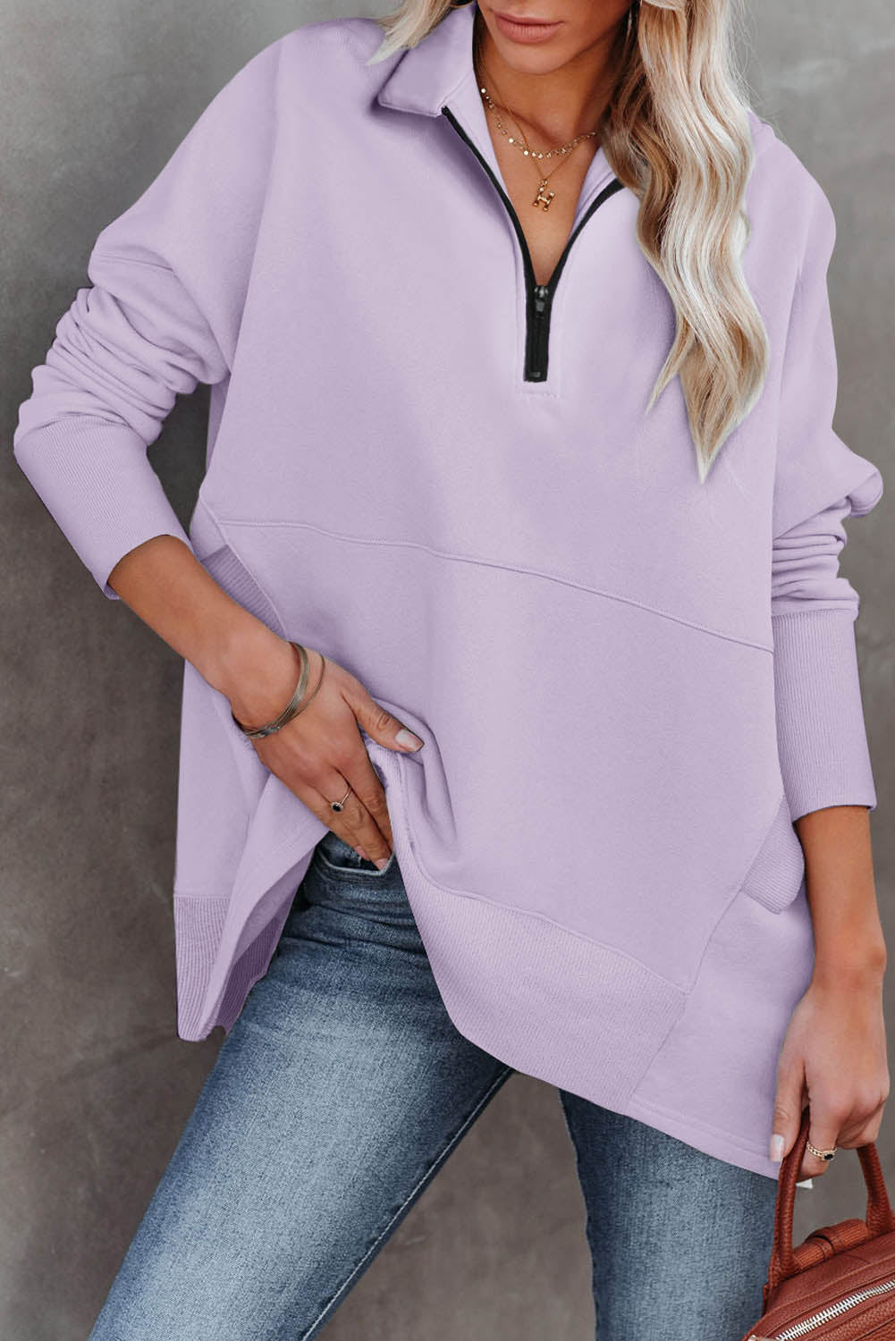 Purple Oversized Quarter-Zip Pullover Sweatshirt