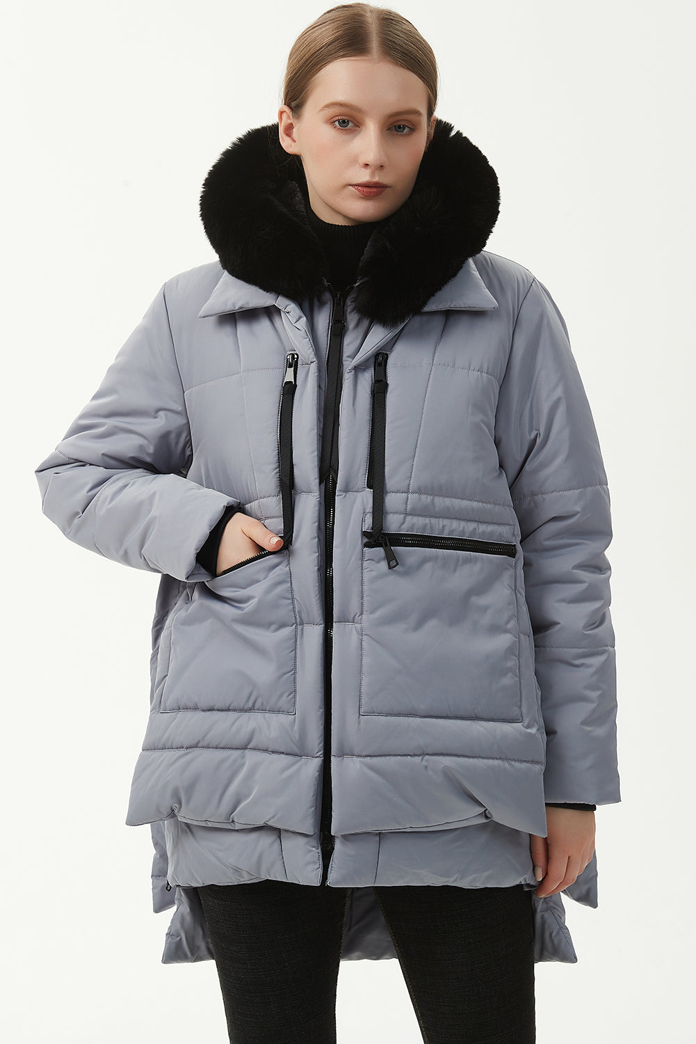 Light Grey Plush Linen Zip Up Hooded Puffer Coat