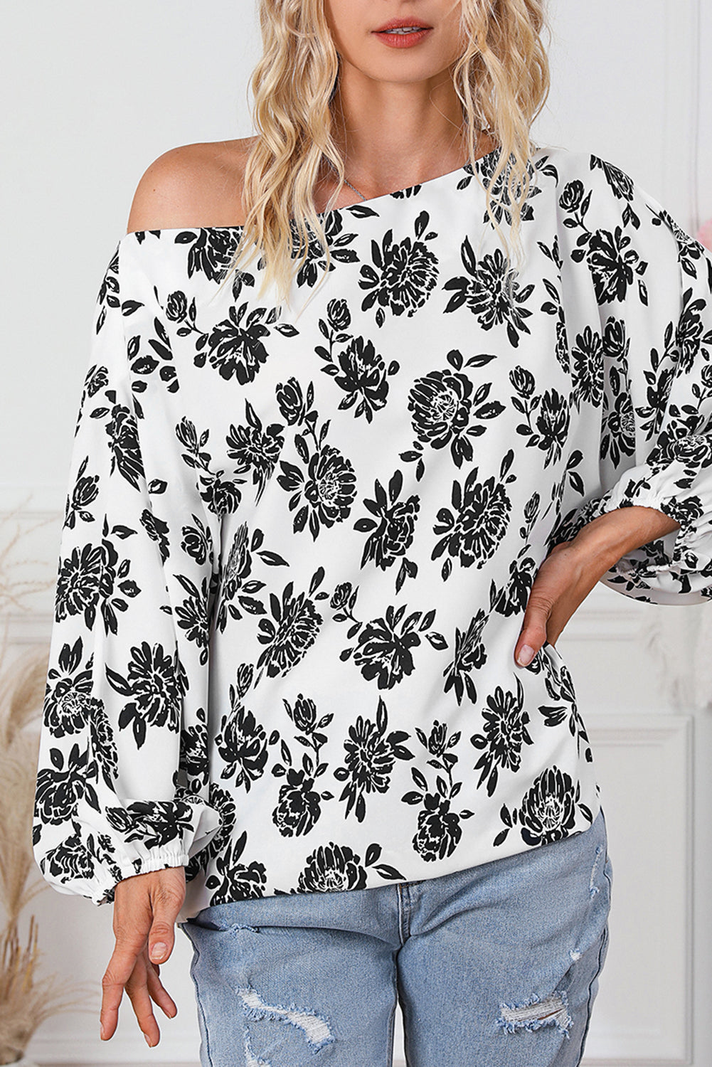 White Floral Print Cold Shoulder Loose Fit Blouse