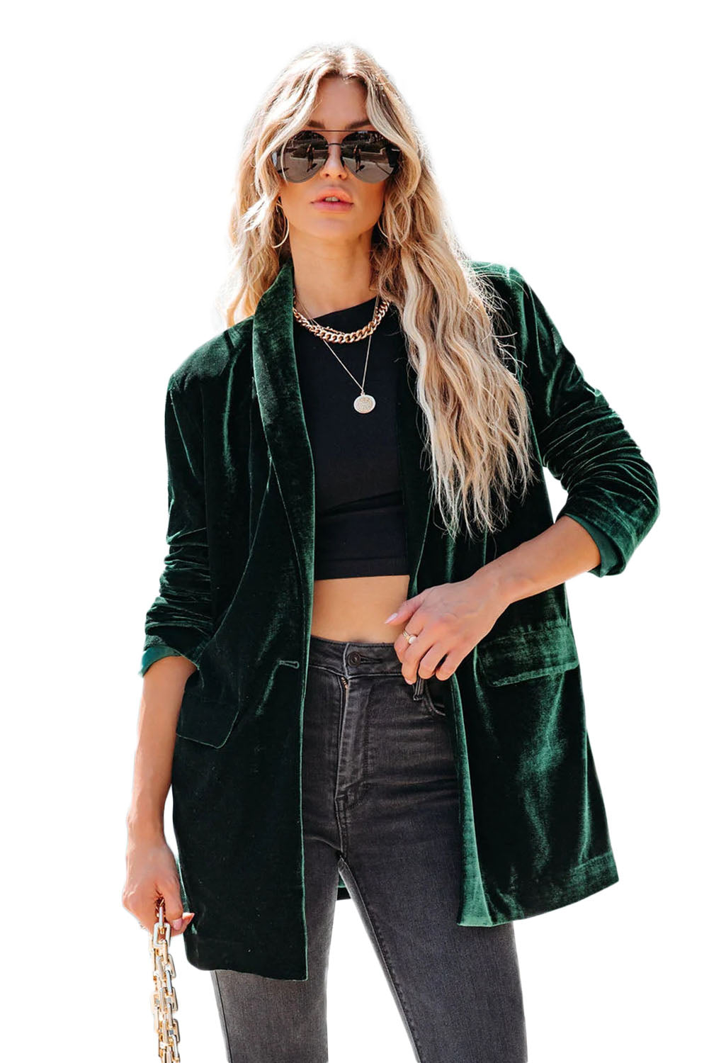 Green Casual Pocketed Velvet Blazer