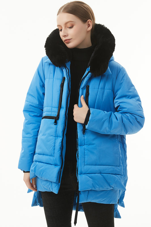 Blue Plush Linen Zip Up Hooded Puffer Coat