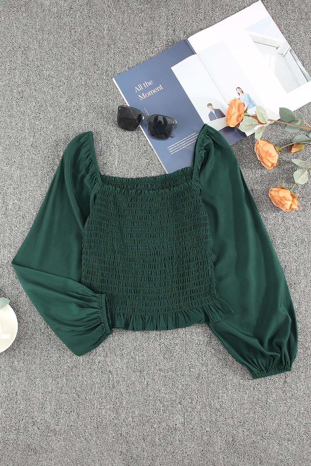 Green Puff Sleeve Smocked Top