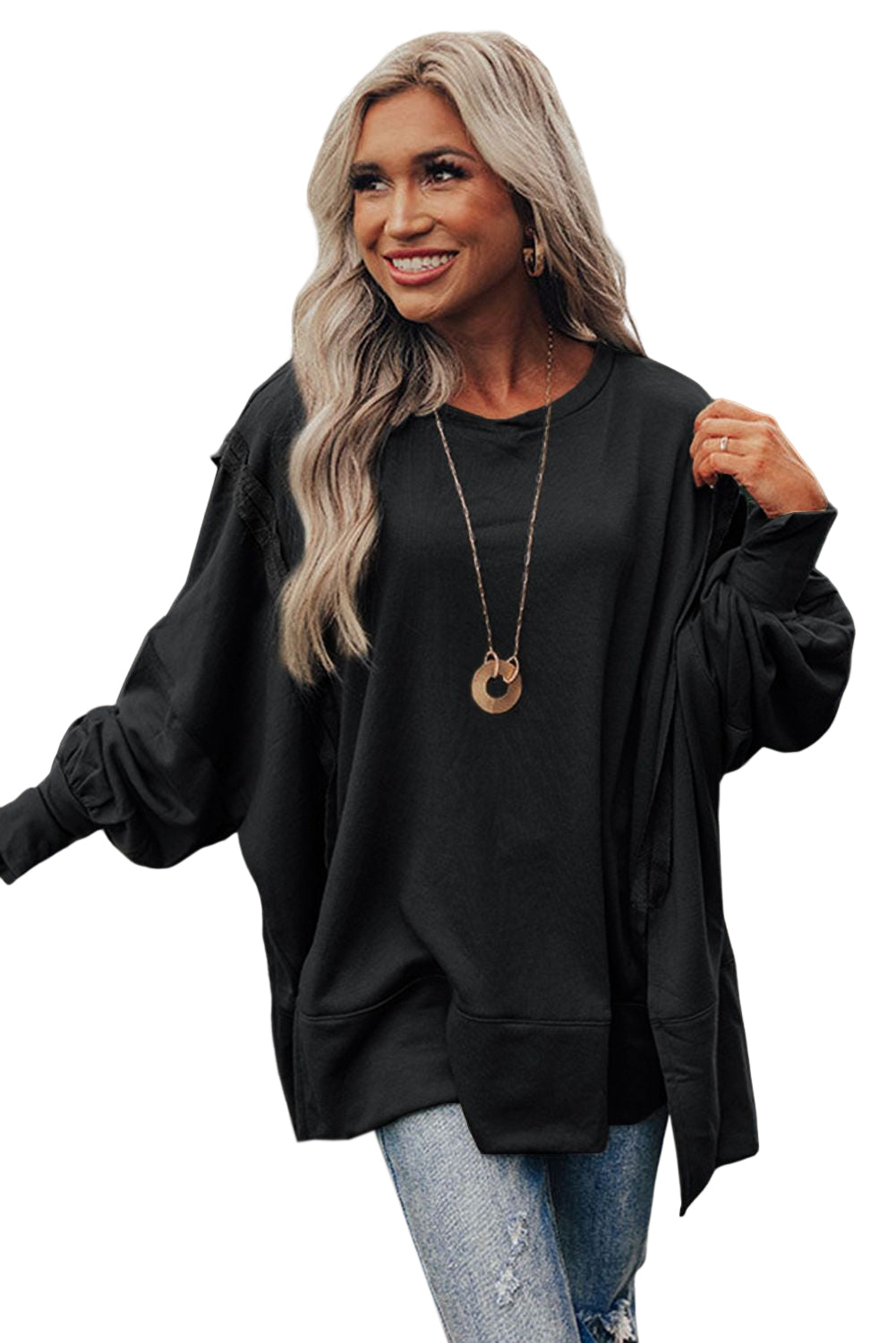 Black Patchwork Drop Shoulder Oversized Top