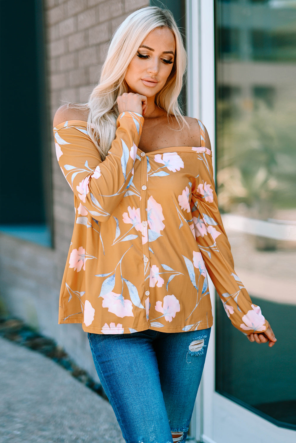 Yellow Cold Shoulder Long Sleeve Floral Top