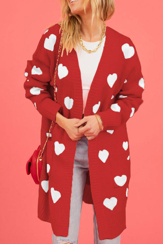 Fiery Red Valentine's Day Heart Pattern Ribbed Trim Open Front Cardigan