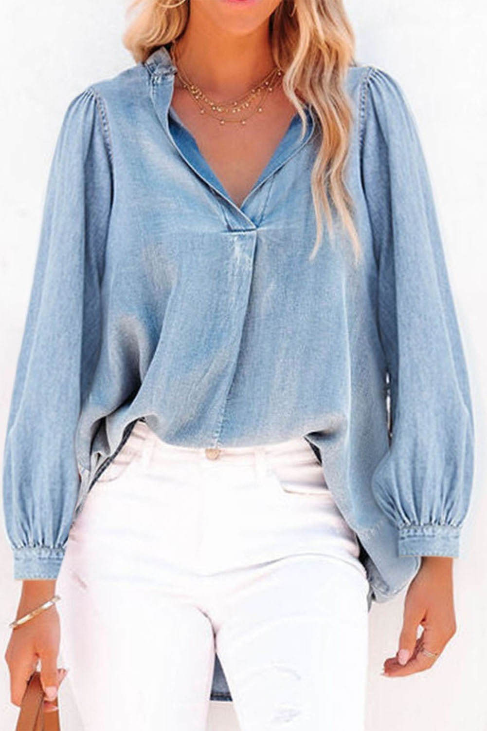 Sky Blue Split V-Neck Balloon Sleeve Ruched Denim Top