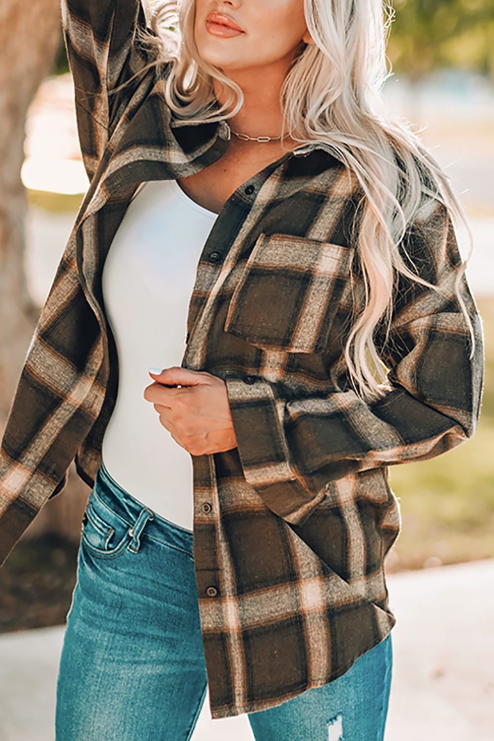 Brown Drop Shoulder Plaid Casual Shirt