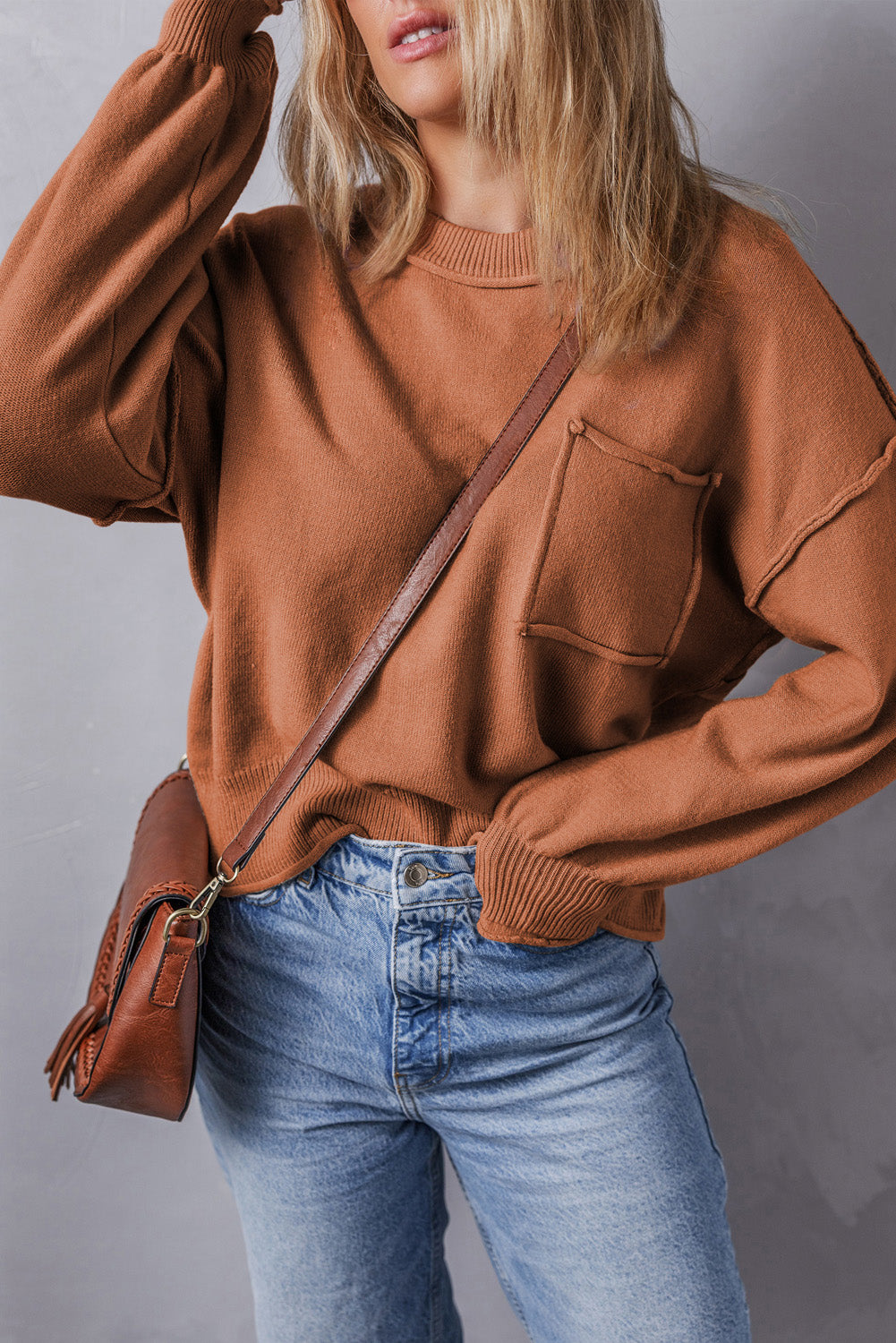 Orange Raw Edge Patch Pocket Exposed Seam Loose Sweater