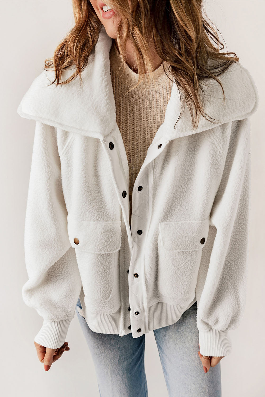 White Button Flap Pocket Spread Collar Fleece Jacket