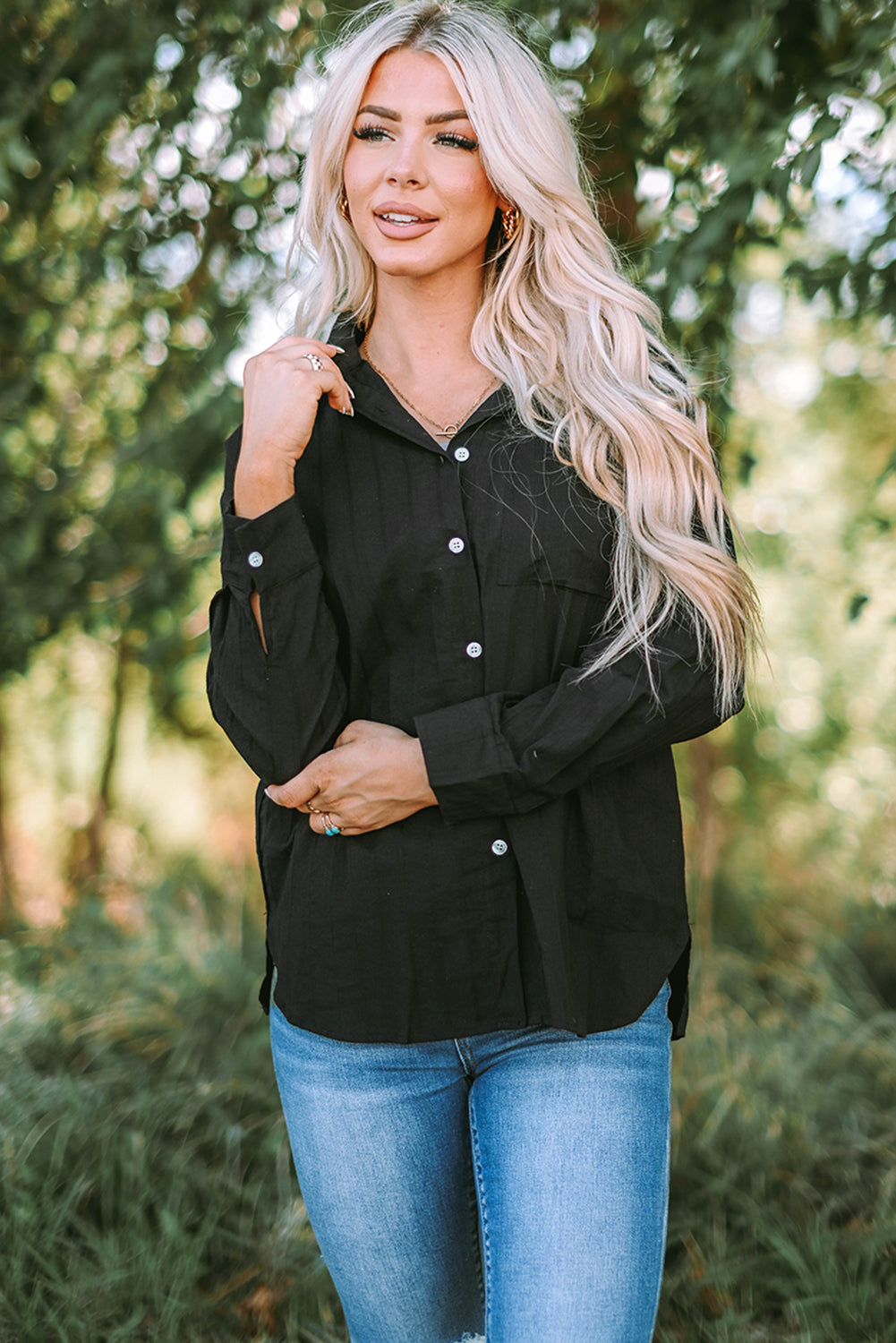 Black Textured Buttoned Pocket Long Sleeve Shirt