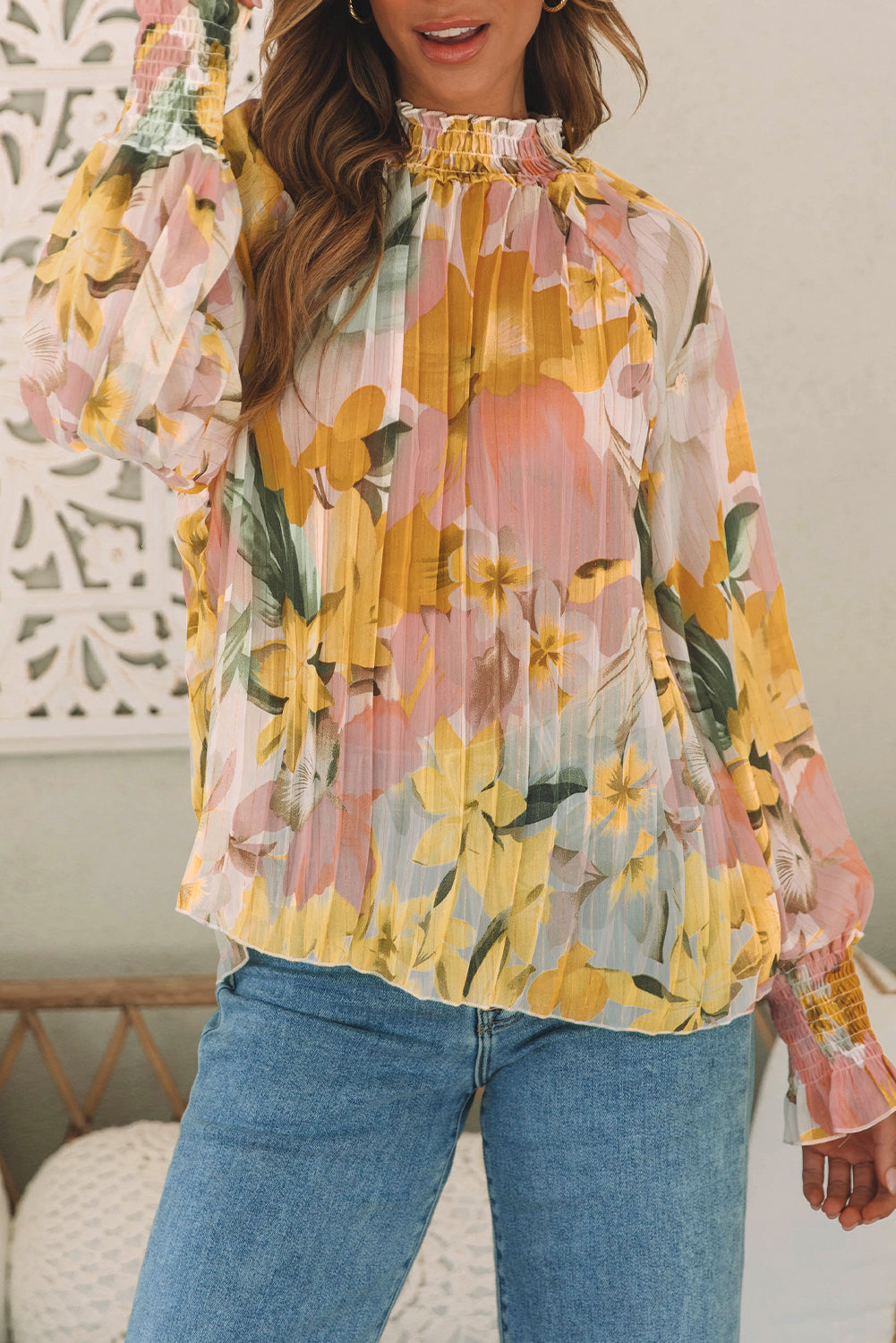 Yellow Floral Print Flounce Sleeve Mock Neck Blouse