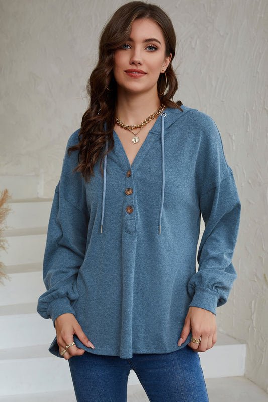 Sky Blue Buttoned High and Low Hem Hoodie