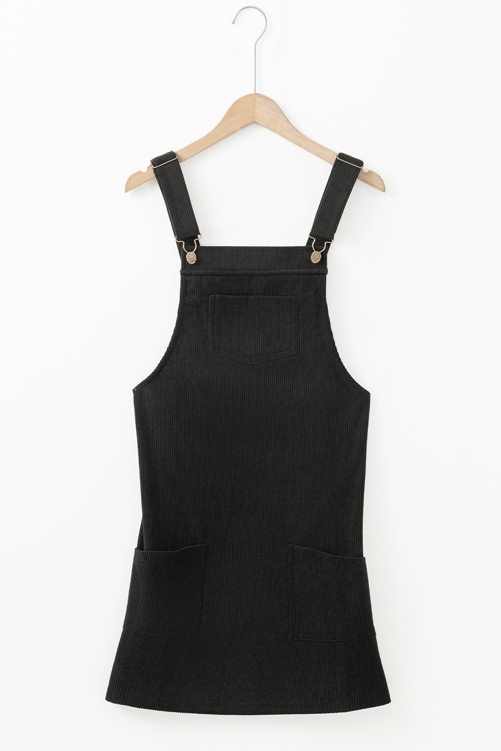 Black Solid Front Pockets Sleeveless Corduroy Overall Dress